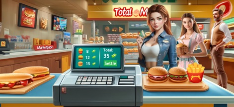 Cooking Fun®: Food Games - This scene illustrates the bustling restaurant interior, where a functional cash register processes orders and customer characters interact within the dynamic space.