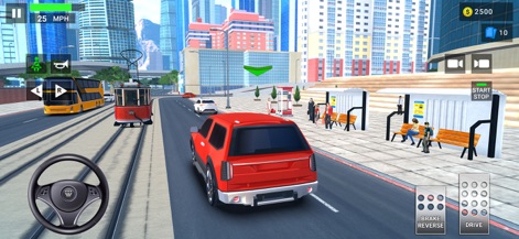 Driving Academy 2: 3D Car Game - Experience the detailed city environment with diverse traffic like trams and buses, and master driving using the intuitive on-screen steering wheel and pedal controls.