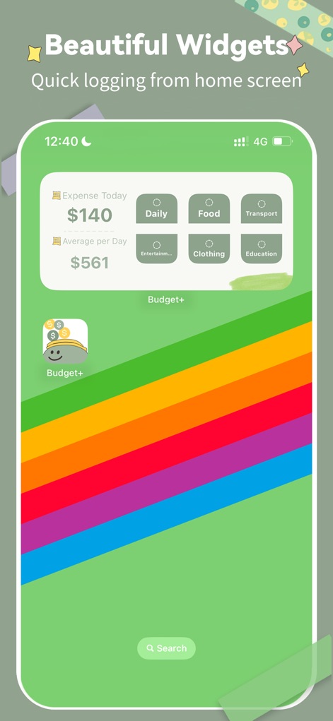 SmileBudget - Os widgets do aplicativo proporcionam acesso rápido a informações e funcionalidades, mostrando o "Expense Today" e o "Average per Day" diretamente na tela inicial.