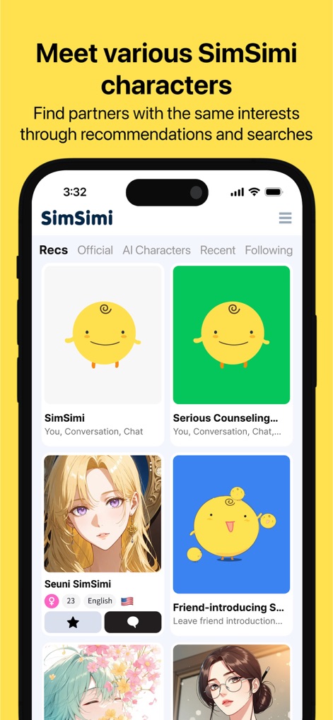 SimSimi - Discover a diverse array of SimSimi characters, presented with distinct character cards and organized by intuitive navigation tabs.