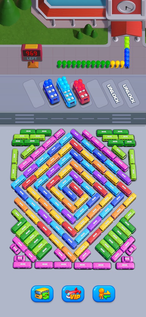 Bus Go - Car Jam,Bus Games - Analyze the visually striking, diamond-shaped bus arrangement within the main puzzle area, where the "969 LEFT" counter highlights the extensive challenge.