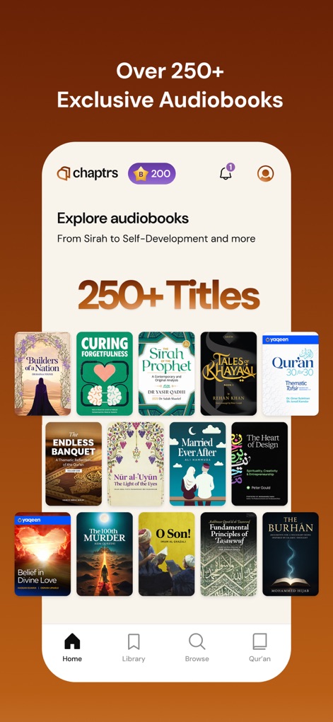 Chaptrs - Islamic Audiobooks - Users can explore an expansive library of "250+ Titles", featuring a diverse array of audiobook covers from various Islamic categories.