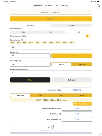 Wire Gauge & Size Calculator iPad screenshot