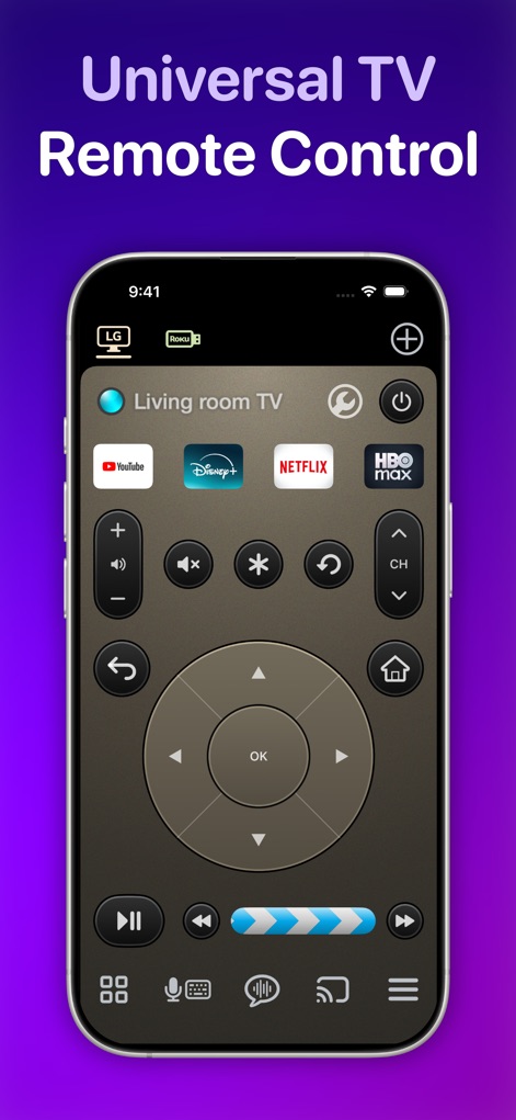 TV Remote Control “Universo” - Esta interfaz intuitiva ofrece un control universal, integrando la compatibilidad con marcas como LG y Roku para una experiencia centralizada.