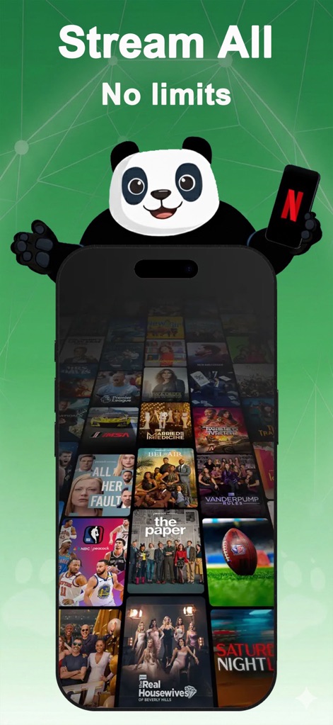 Panda VPN: Stream & Game Fast - Esta imagem mostra uma vasta galeria de miniaturas de conteúdo de vídeo, representando a capacidade de "Stream All" sem restrições, com o logotipo da Netflix visivelmente no telefone do panda.