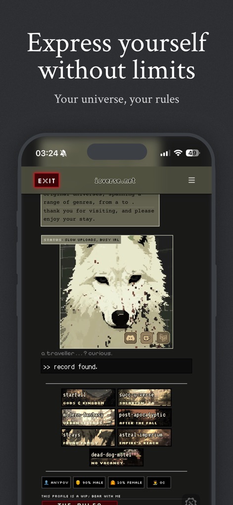 Janitor AI - Official App - Esta pantalla fomenta la autoexpresión sin límites, mostrando una estética visual única con arte pixelado y opciones de género que permiten a los usuarios definir sus creaciones.
