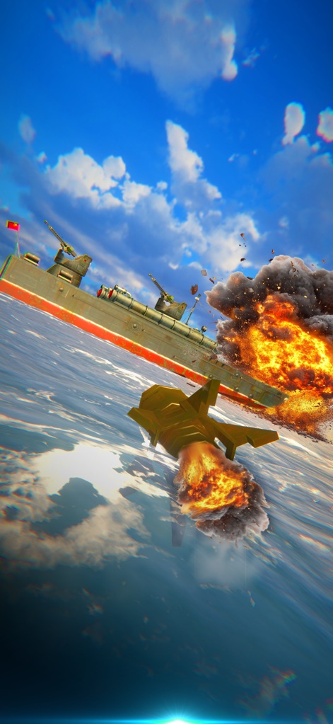 Uboat: Sea War - Witness a powerful missile streaking towards an already damaged ship engulfed in a spectacular explosion, capturing the high-octane action and cinematic visual effects of naval engagements.