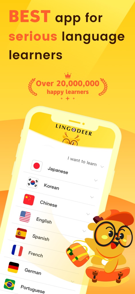LingoDeer - Learn Languages - Die App präsentiert eine vielfältige Auswahl an Lernsprachen, von Japanisch bis Deutsch, und hebt mit der Erwähnung von „Über 20.000.000 zufriedenen Lernenden“ ihre Popularität hervor.
