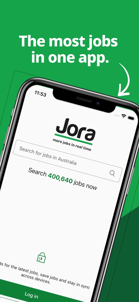 Jora Jobs: Search & Apply Now - La pantalla principal de la aplicación destaca una intuitiva barra de búsqueda y el impresionante conteo de más de 400,000 ofertas de empleo disponibles.