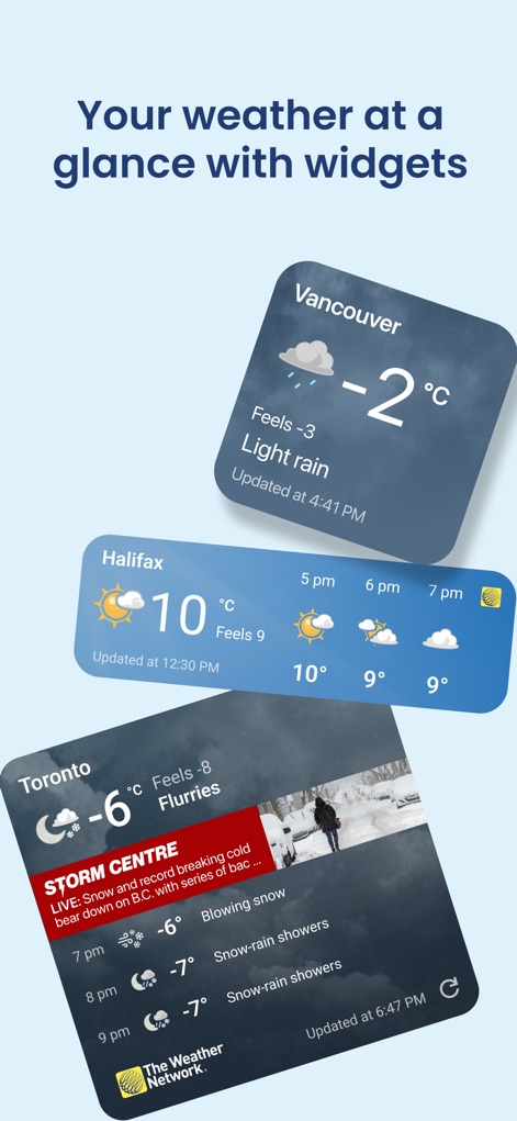 The Weather Network - ユーザーは、ホーム画面やロック画面に「カスタマイズ可能なウィジェット」を追加して、主要な天気情報を素早く確認できます。これにより、バンクーバーやハリファックスなど「複数の都市の現在の天気」や時間ごとの予報に簡単にアクセスできます。