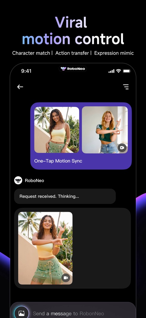RoboNeo - La función de control de movimiento viral permite sincronizar acciones, donde una persona replica la 'pose' y la 'expresión' de otra con un solo toque.