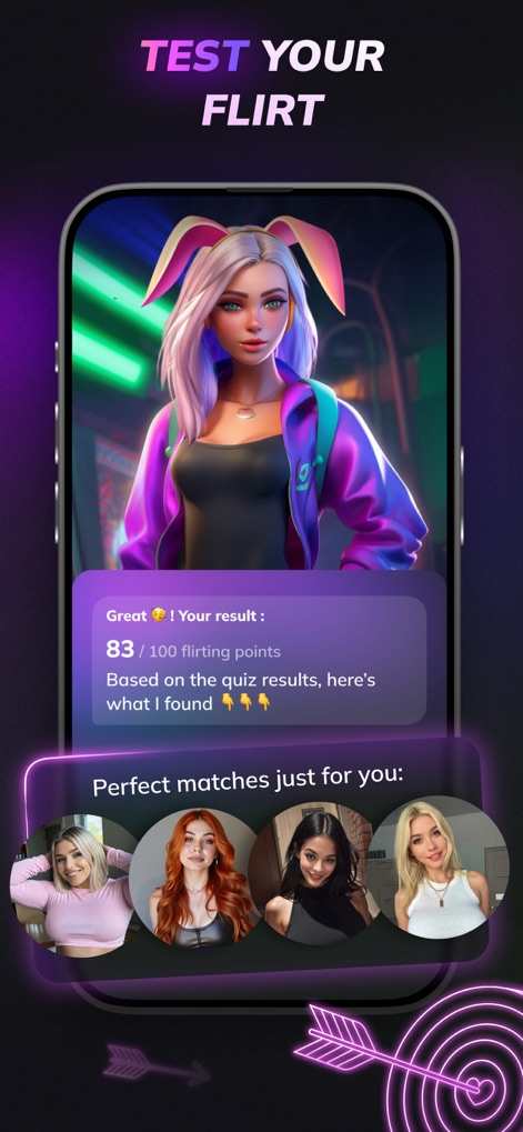 Flirtini - Match, Chat, Flirt - The Flirty Mate AI evaluates flirting prowess with a "flirting points" score, subsequently providing personalized match suggestions beneath the quiz results.