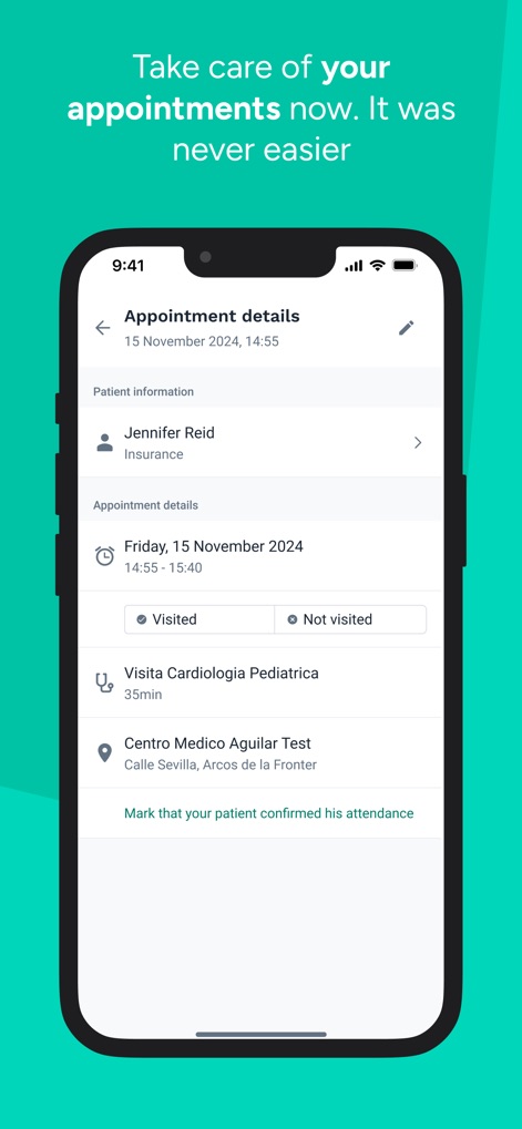 Doctoralia for specialists - This tool simplifies appointment management, offering a clear 'Appointment details' overview with specific date and time information, alongside an intuitive 'Visited/Not visited' status toggle.