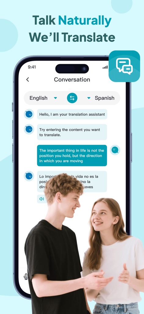 Owl Translator - A funcionalidade de conversação permite que o aplicativo traduza automaticamente frases como "Hello, I am your translation assistant" para o espanhol e "Lo importante en la vida no es la posición" do espanhol, facilitando a interação entre diferentes idiomas.