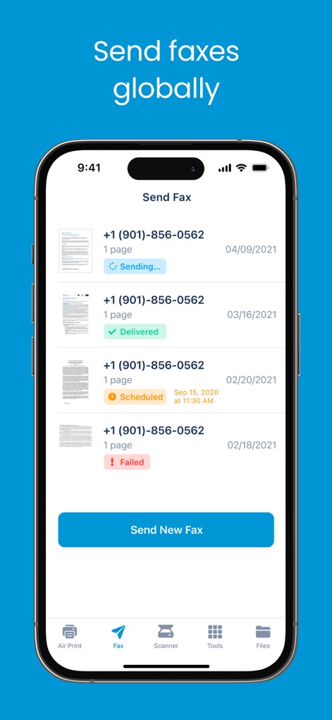 Smart Printer App & Scan - La herramienta permite enviar faxes a nivel mundial y ofrece un seguimiento detallado del estado de cada envío, desde 'Enviando' hasta 'Entregado' o 'Fallido'.