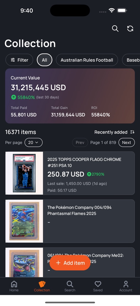 130 Point - Organize personal assets within the 'Collection' view, where users can monitor total 'Current Value' and seamlessly 'Add item' to their inventory.