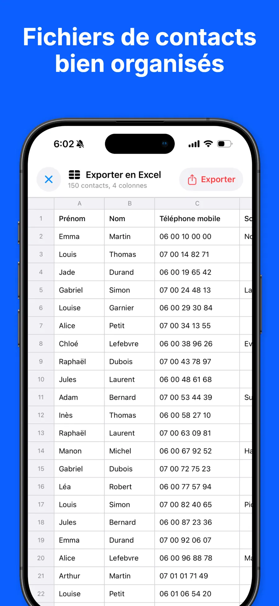 Contacts Backup & Transfer sur iPhone avec les contacts prêts à être exportés vers Excel, CSV, PDF ou vCard (3/6)