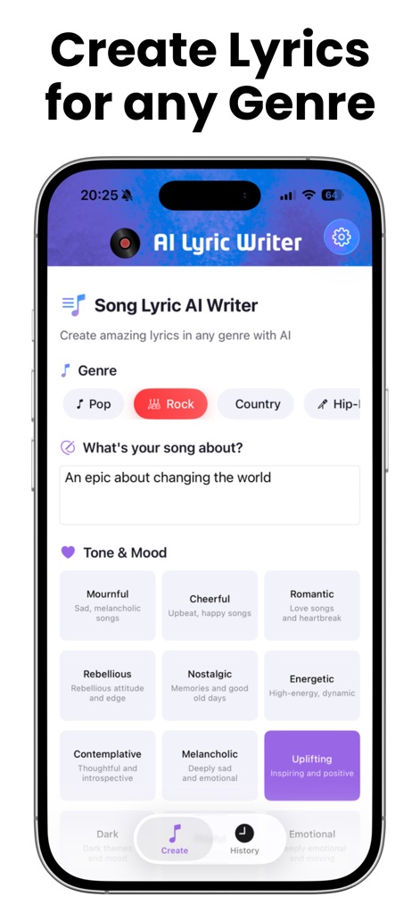 AI Song Lyric Writer Generator - ai-lyric-writer-app-genre-mood-selection