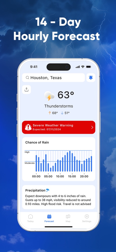 NOAA Weather Radar Live Map - Users gain access to a comprehensive 14-day hourly forecast, featuring precise temperature predictions and a visual chance of rain graph for planning.