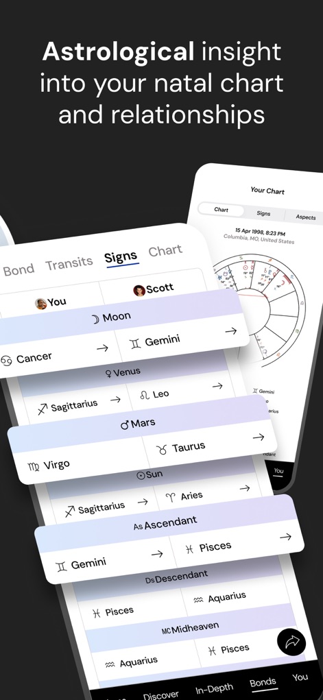 The Pattern: Astrology - この画面では、ユーザーの出生「チャート」が視覚的に表示され、「サイン」タブでは月が双子座にあることなど、各天体の位置から詳細な個人の特性を明らかにします。