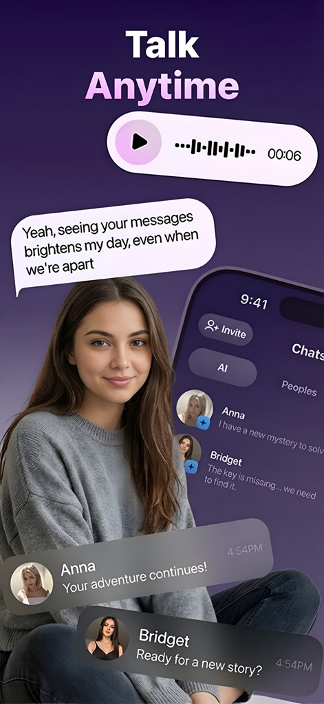 ChaChat:Chat with AI Character - Users can engage in dynamic conversations with AI companions, featuring real-time chat bubbles and convenient voice message integration for interactive communication.