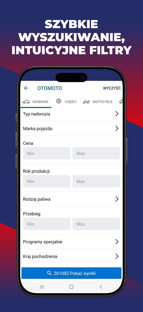 OTOMOTO.pl: Car Marketplace - This tool provides an intuitive interface for quick searches, featuring detailed filters for vehicle type, price range, and year of production to pinpoint specific listings.
