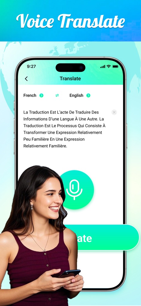 Translate Rabbit - Users can effortlessly translate spoken phrases from one language to another, clearly depicted by the source and target language selectors and the prominent microphone button.