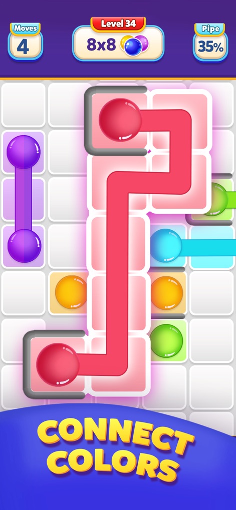 Ball Connect: Color Dot Puzzle - Experience the dynamic path creation with a glowing red connection in progress and observe the completed purple connections on the 8x8 grid.