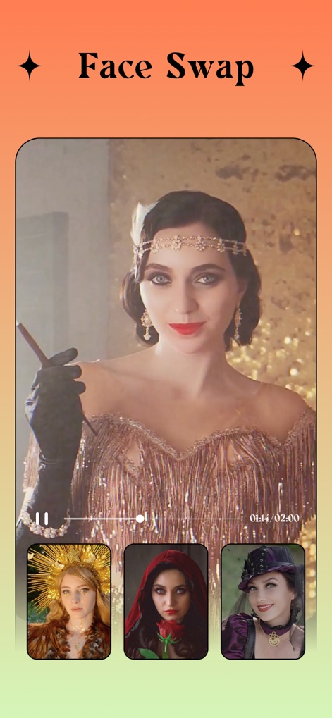 Ritmo Video: AI Video Generate - Explore diverse character roles and themes, allowing users to seamlessly swap faces into elaborate costumes like a vintage flapper or a fantasy figure.