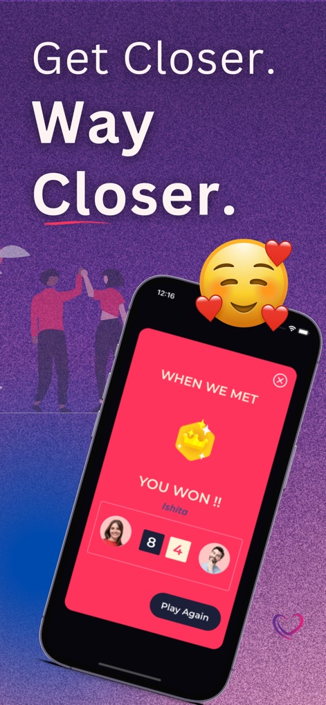 Lovify: Couple Questions Games - O aplicativo culmina na celebração de vitórias no jogo, exibindo uma tela de "YOU WON!!" com pontuações dos jogadores e um emoji com corações que reforça a emoção e a conexão.