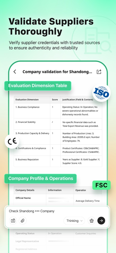 Accio: Alibaba AI Agent - This tool provides a detailed 'Evaluation Dimension Table' to assess supplier credentials, including 'Business Compliance' scores and relevant certifications like ISO and CE.