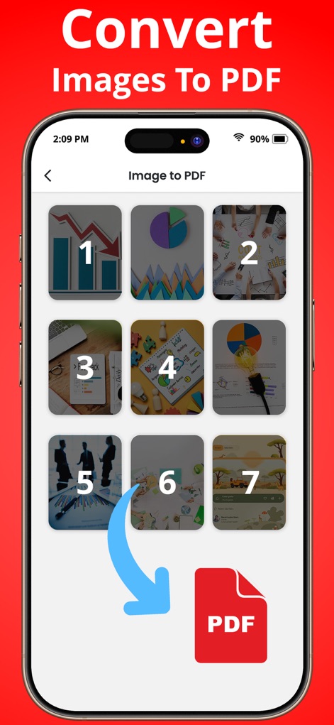 PDF Reader - Scanner app - Hier wird die einfache Umwandlung mehrerer Bilddateien (X) in ein PDF-Format dargestellt, symbolisiert durch den blauen Pfeil (Y), der auf das PDF-Icon zeigt.