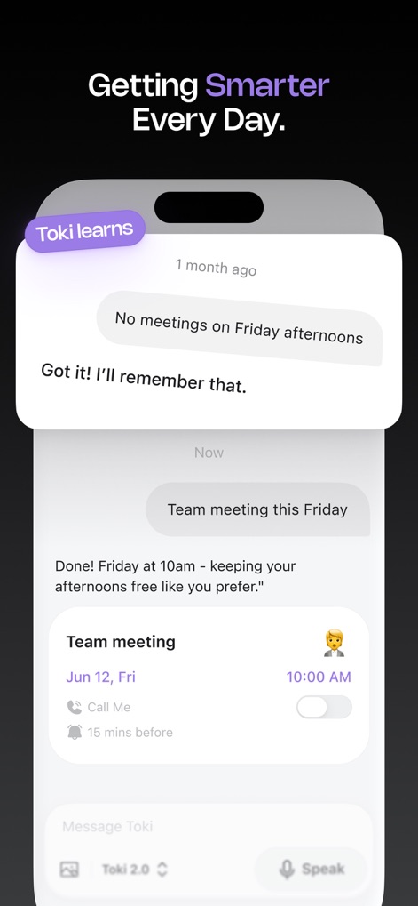 Toki: AI Scheduling & Tasks - La aplicación aprende de los hábitos y preferencias del usuario, como evitar reuniones los viernes por la tarde, y adapta la programación futura, mostrando cómo respeta la disponibilidad previamente establecida.