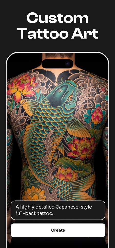 Tattooist: AI Tattoo Generator - Diese Ansicht zeigt ein beeindruckendes, detailliertes japanisches Koi-Tattoo, das den gesamten Rücken bedeckt, als Beispiel für die KI-generierte individuelle Tattoo-Kunst.