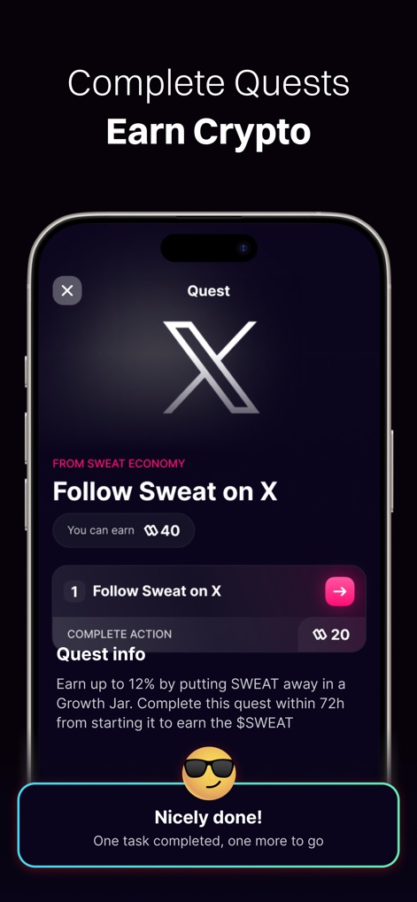 Sweat Wallet: Walk Into Crypto - Los usuarios pueden participar en 'Quests' como 'Follow Sweat on X', con la promesa de ganar '40' SWEAT, incentivando la interacción y el compromiso con la plataforma.