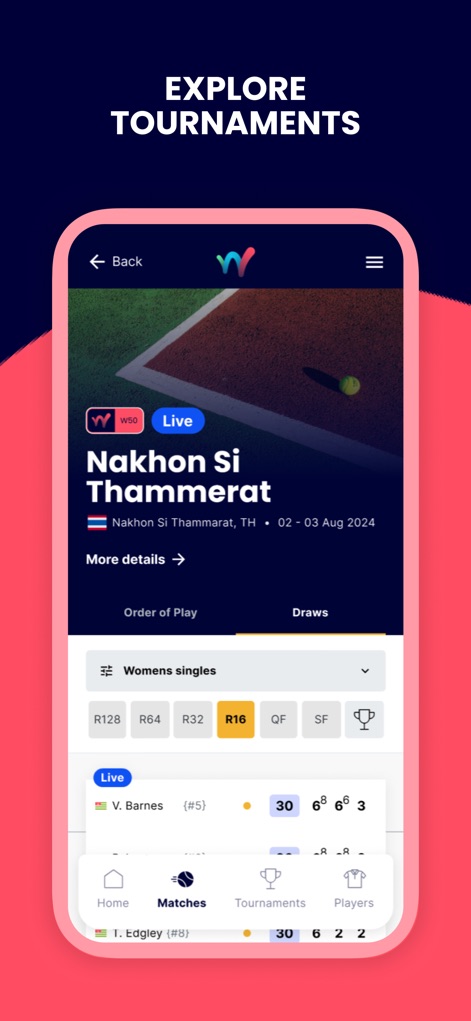 World Tennis Tour Live - Los usuarios pueden navegar por los detalles de los torneos, utilizando filtros de ronda como "R16" para ver fases específicas y acceder a pestañas dedicadas para "Order of Play" y "Draws".