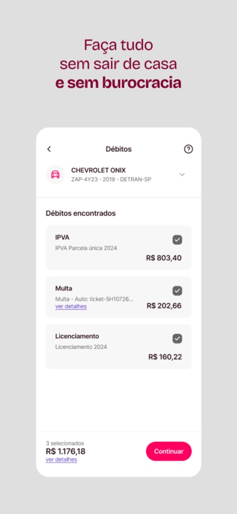 Zapay IPVA 2026, licenciamento - The app provides a clear breakdown of all vehicle debts, including IPVA, fines, and licensing, culminating in a selected total amount and a direct 'Continuar' button.