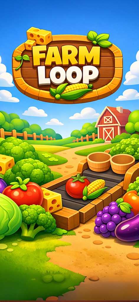 Farm Loop: Harvest Puzzle - La pantalla de título introduce el vibrante universo de la granja, mostrando un paisaje idílico con cultivos coloridos y el logo prominente con el maíz en espiral.