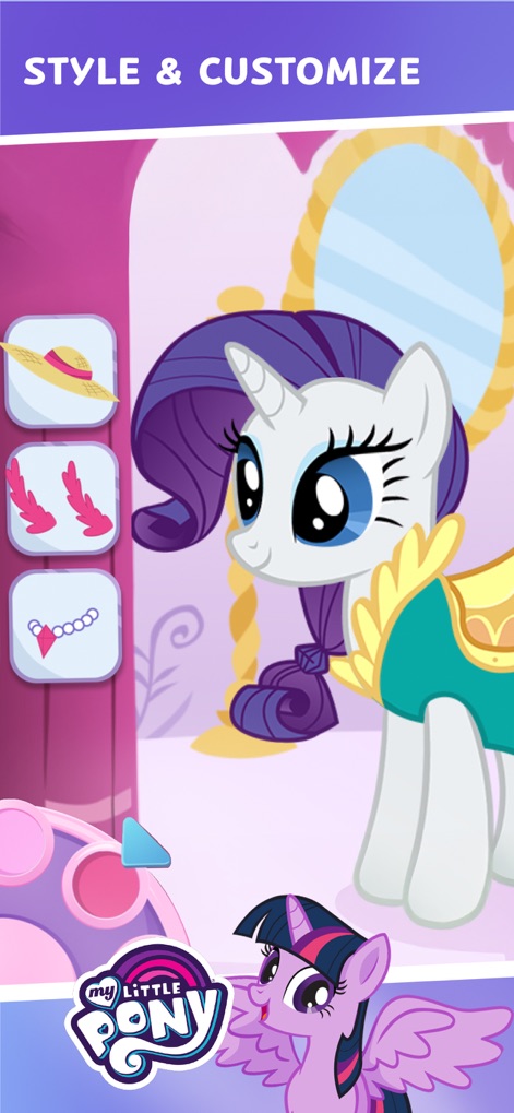 Budge World: Learning & Fun - The app provides a creative outlet for children to style characters like My Little Pony's Rarity with a stylish hat and an elegant necklace from various accessory choices.