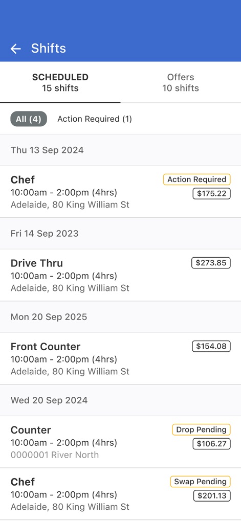 LIFELENZ - Users can effortlessly navigate scheduled and offered shifts, with clear labels such as 'Action Required' and 'Swap Pending' indicating their status and estimated earnings.