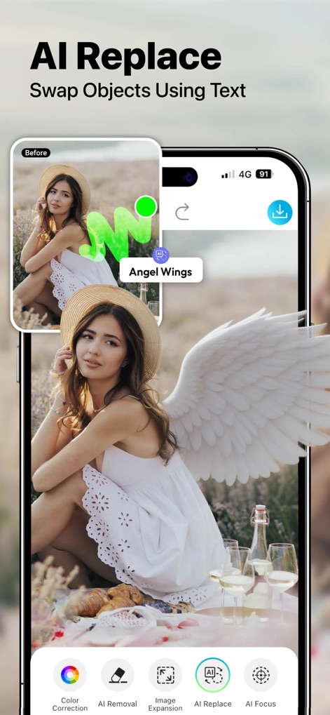 YouCam Enhance: Photo Enhancer - La herramienta permite reemplazar objetos en imágenes con solo texto, añadiendo elementos como alas de ángel para una transformación única.
