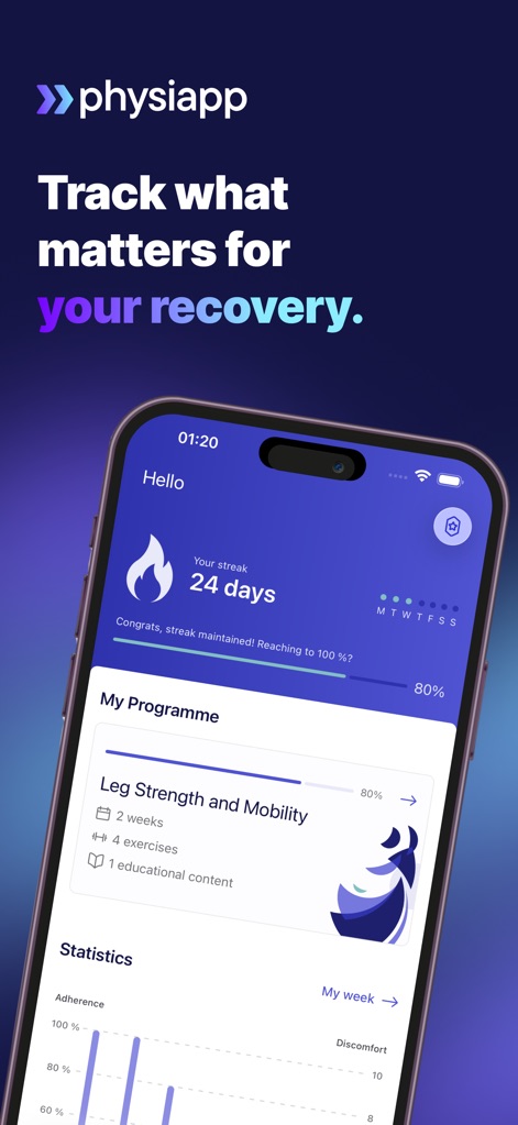 PhysiApp - Observe your recovery streak and monitor program adherence from a single, intuitive dashboard.