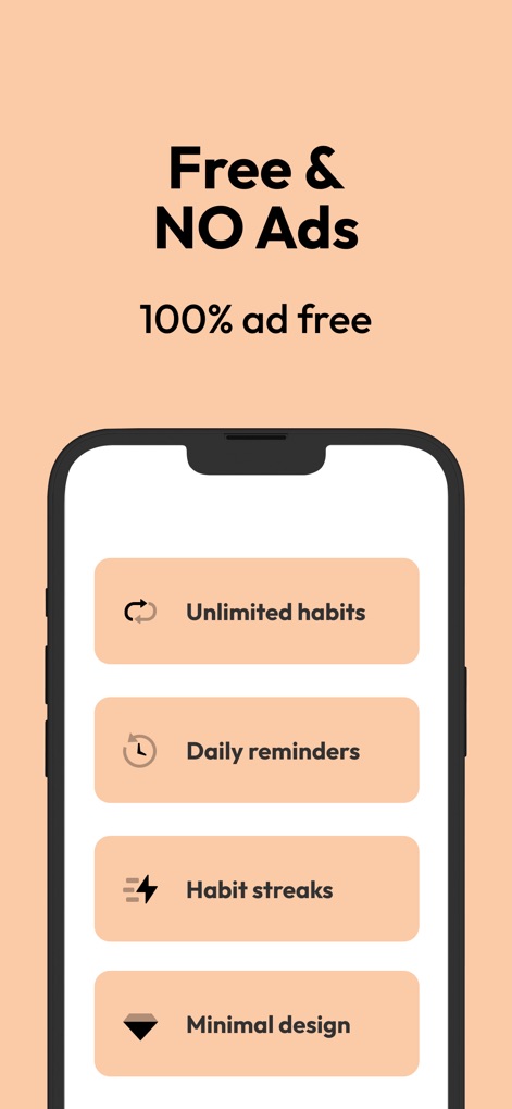 Onrise: Habit Tracker & Focus - Esta captura promociona la experiencia "Free & NO Ads", detallando beneficios clave como la creación de "Unlimited habits" y un "Minimal design" que mejora la experiencia del usuario.