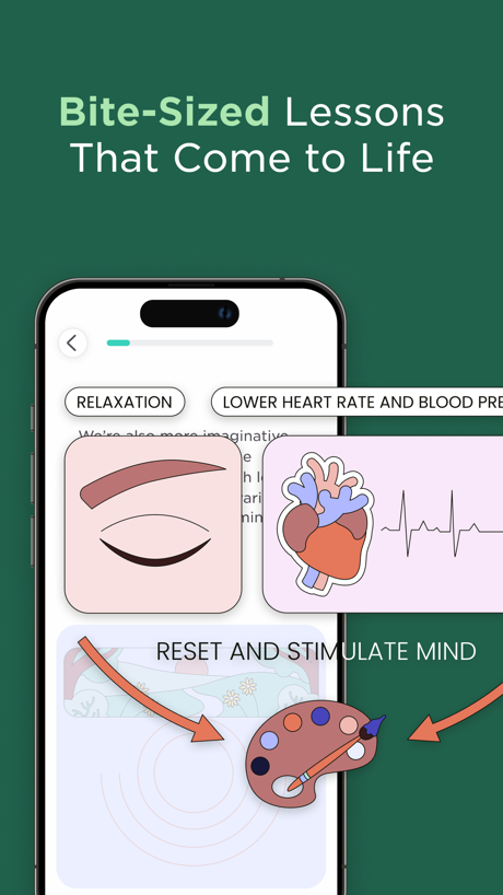 Imprint: Visual Micro Learning App Store screenshot 4, headline “Bite-Sized Lessons That Come to Life”. Playful tone.