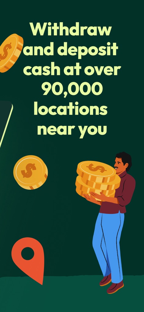 Común: Tu banca moderna en USA - 사용자는 이 앱을 통해 전국 90,000개 이상의 제휴 지점에서 현금을 입출금할 수 있으며, 지도 핀 아이콘과 동전 이미지로 편리함을 시각적으로 표현합니다.