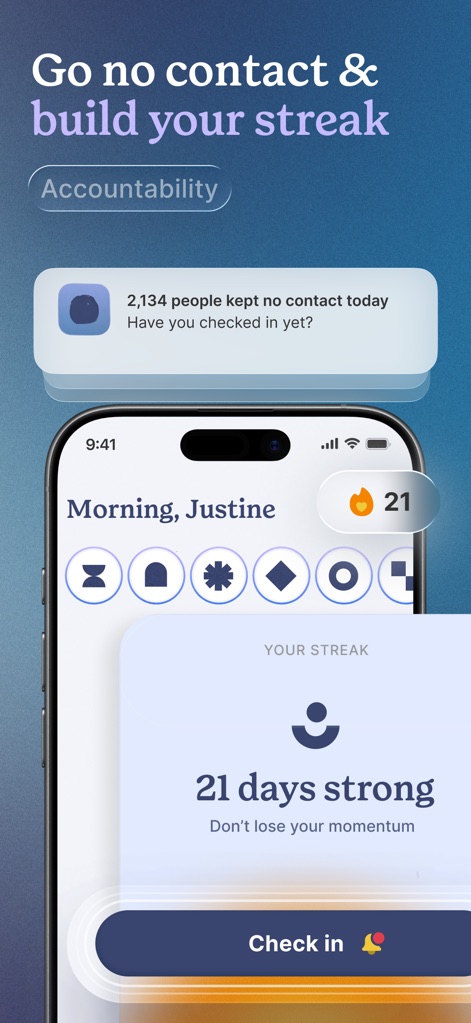 No Contact Tracker Pro - Observe the streak tracking feature, displaying "21 days strong" of no contact, alongside the daily "Check in" button for consistent engagement.