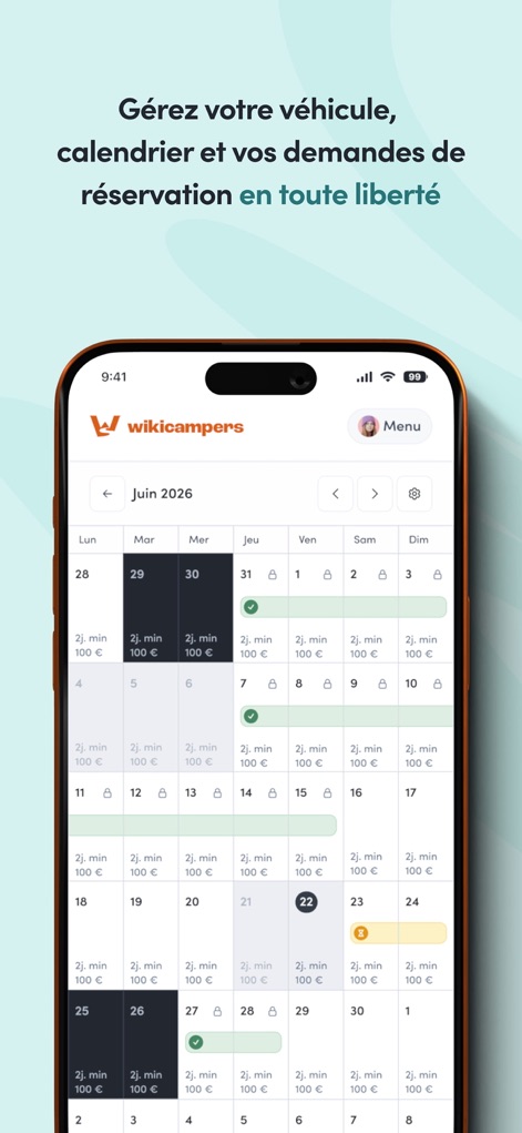 Wikicampers - 直感的なカレンダーインターフェースで車両の空き状況と料金を管理でき、オーナーは予約リクエストや日付ごとの価格設定を柔軟に行うことが可能です。