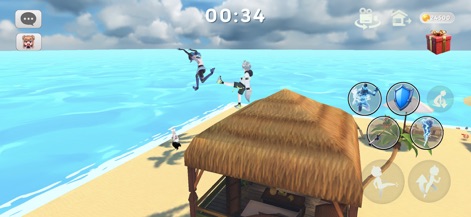 The floor is lava game brawl - タイムリミットが迫る中、ユーザーは美しいビーチマップで他のプレイヤーと激しいPvPバトルを繰り広げます。キャラクターは空中でのキックアクションを繰り出し、残り時間を示すタイマー表示が緊張感を高めます。