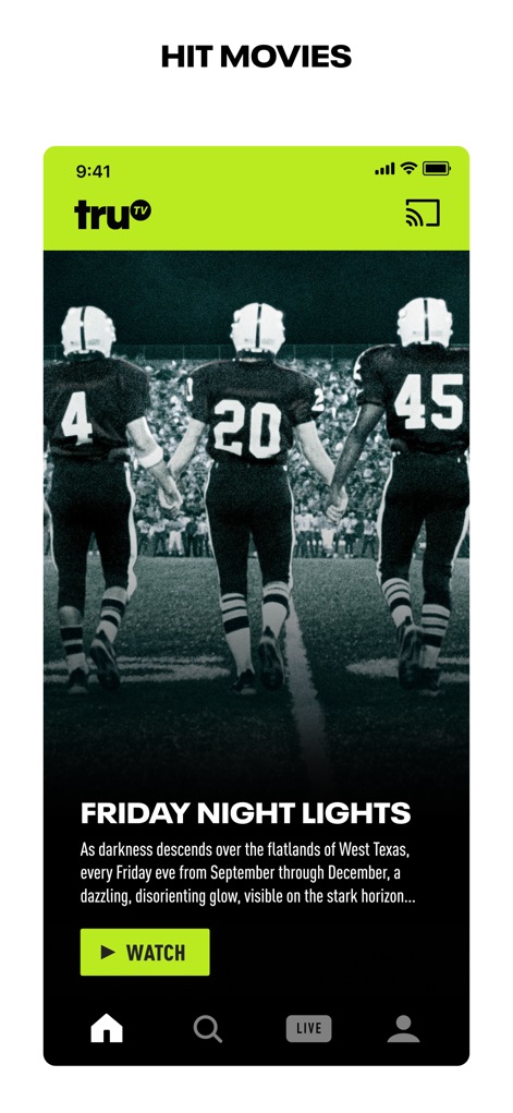 truTV - Explore the app's diverse film library, showcasing blockbuster titles like 'FRIDAY NIGHT LIGHTS' with comprehensive movie descriptions for informed choices.