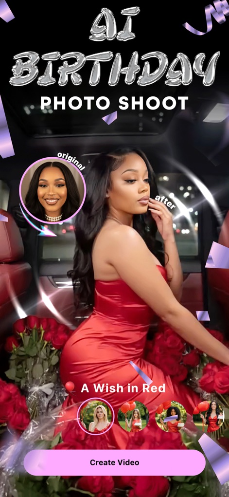 AI Maker: Photo Video Filters - Observe how the app transforms original photos into stunning AI-generated birthday shoots, showcasing diverse style options and before-and-after comparisons.